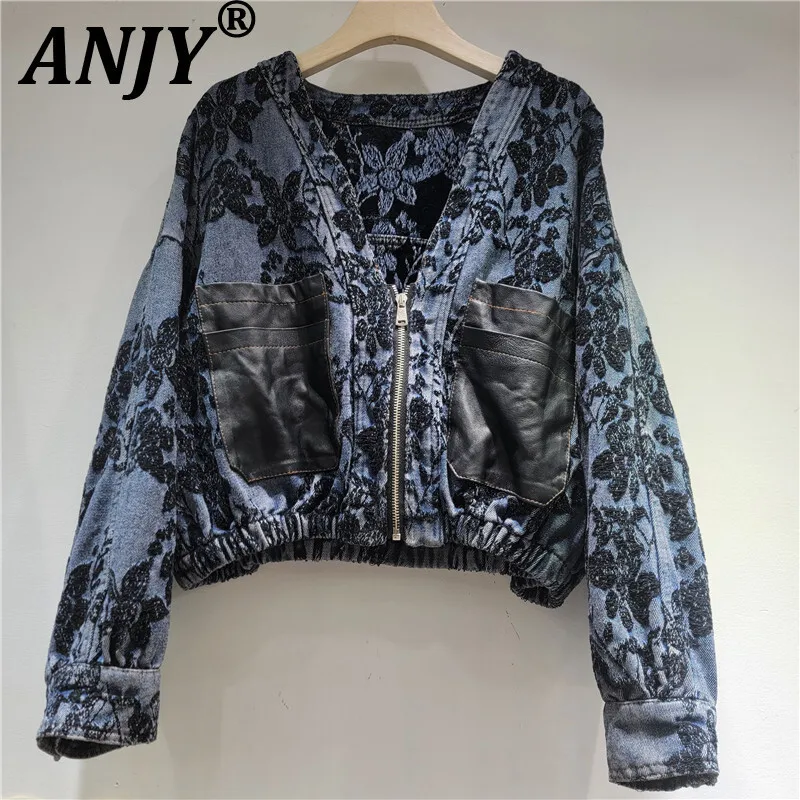 

ANJY 2025 Autumn New Women Fashion Versatile Spliced Elegant V-Neck Zipper Tide Denim Jacket Casual Stylish Chic Ins Coat A15595