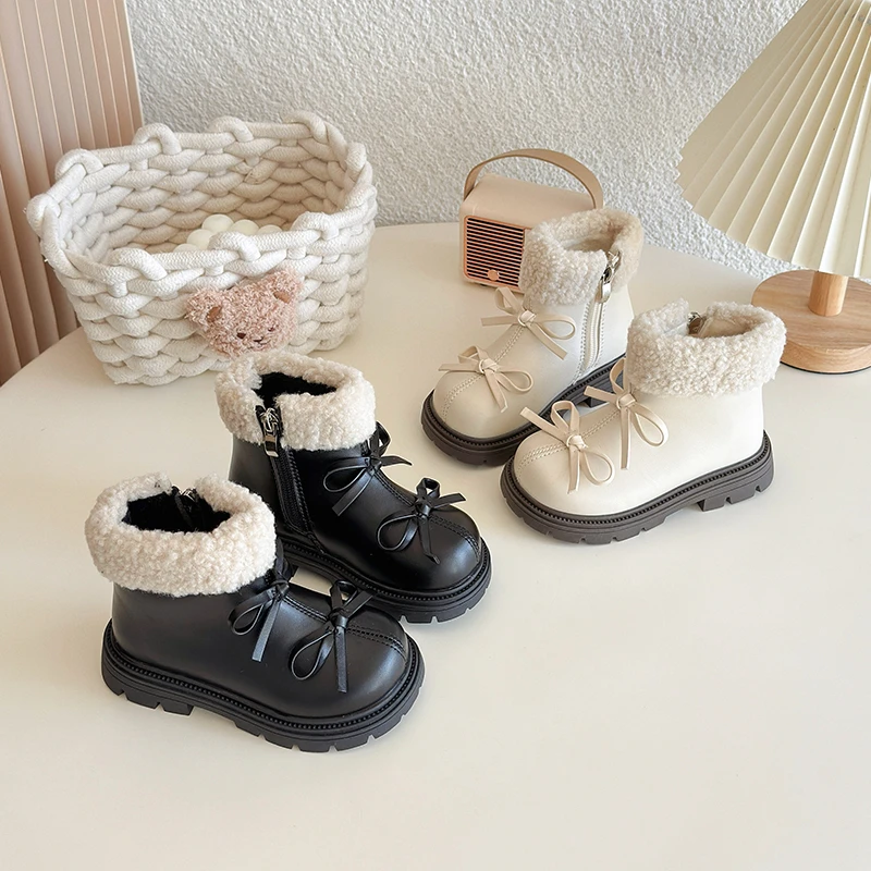 

Зимние детские ботильоны, плюшевые сапоги на платформе с милым бантом для девочек, элегантные детские модные хлопковые сапоги принцессы для свадебной вечеринки