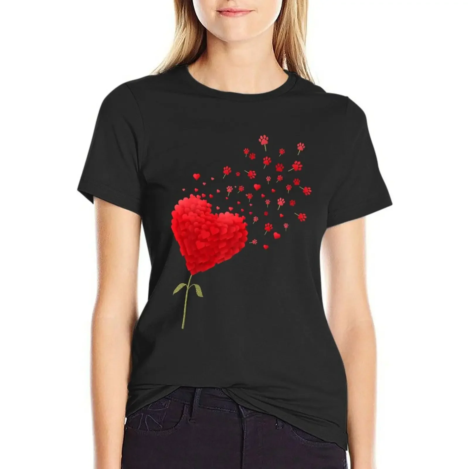 

Cute Dog Paw Valentine's Day Flower Fly Dandelion Red Hearts T-Shirt summer top cute tops spring clothes Women 2025