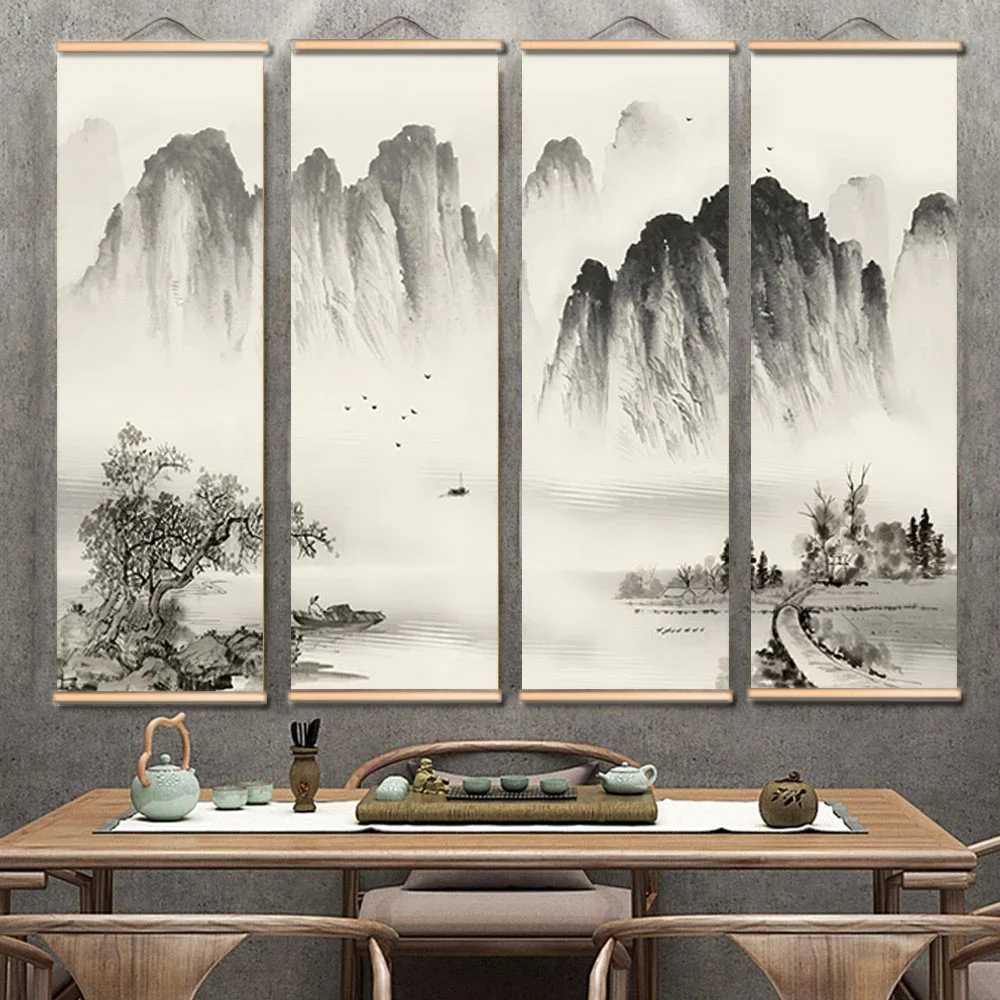 Chinese Style Landscape Scroll Painting Room Decor Aesthetic Poster Living Room Bedroom Home Decoration Wall Tapestry Hanging