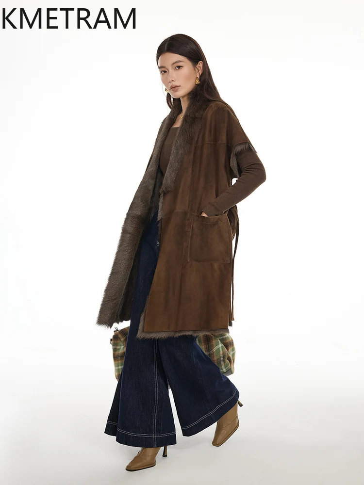 سترة من صوف الغنم الطبيعي من توسكانا مزدوجة الوجه للنساء بأكمام قصيرة معطف فرو حقيقي سترة شتوية من الجلد ملابس نسائية 2025