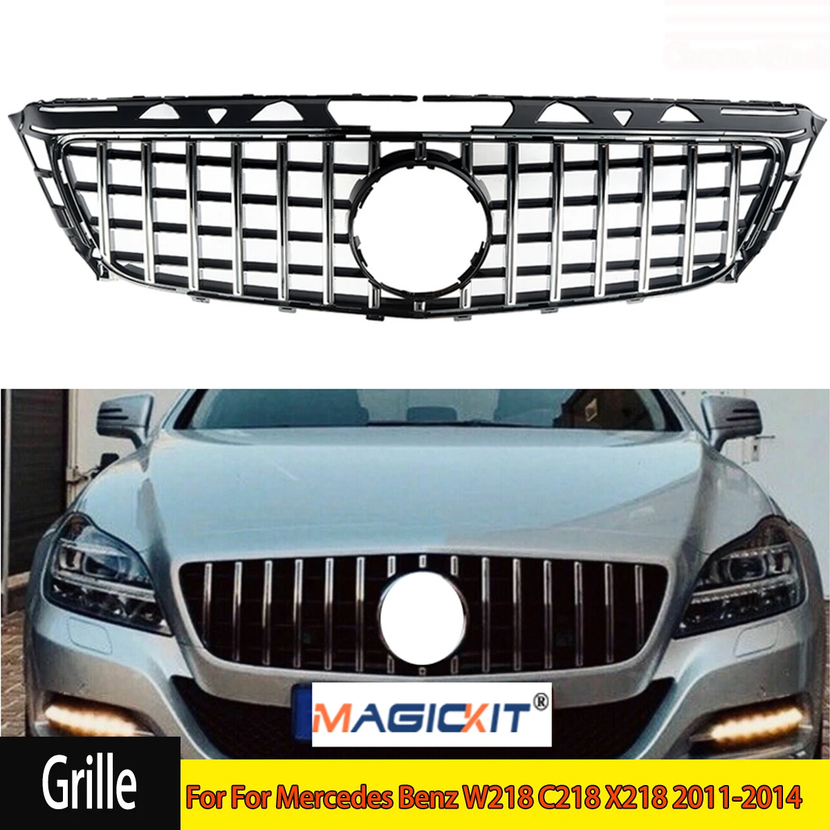 Magickit Paraurti Anteriore Griglia Da Corsa Per Mercedes Benz W218 C218 X218 CLS350 2011-2014 Chrome Nero Griglia Anteriore Cofano Maglia