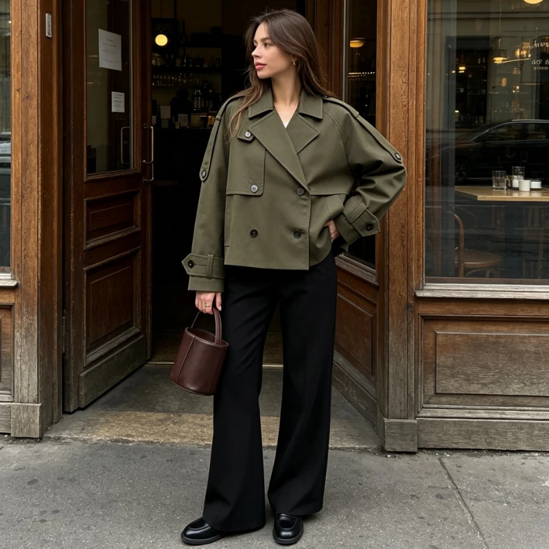 Waterproof Short Trench Coat Women Double Breasted Lapel Collar Belted Loose Fit Autumn Winter Casual Daily Elegant Jackets