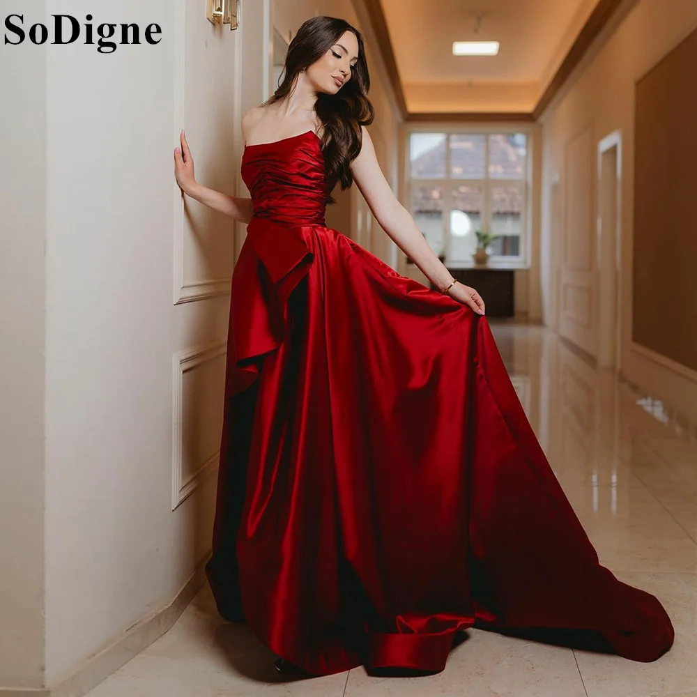 

SoDigne Elegant Burgundy Evening Dresses Strapless A-Line Draped 2024 Formal Occasion Party Prom Gowns for Women Open Back