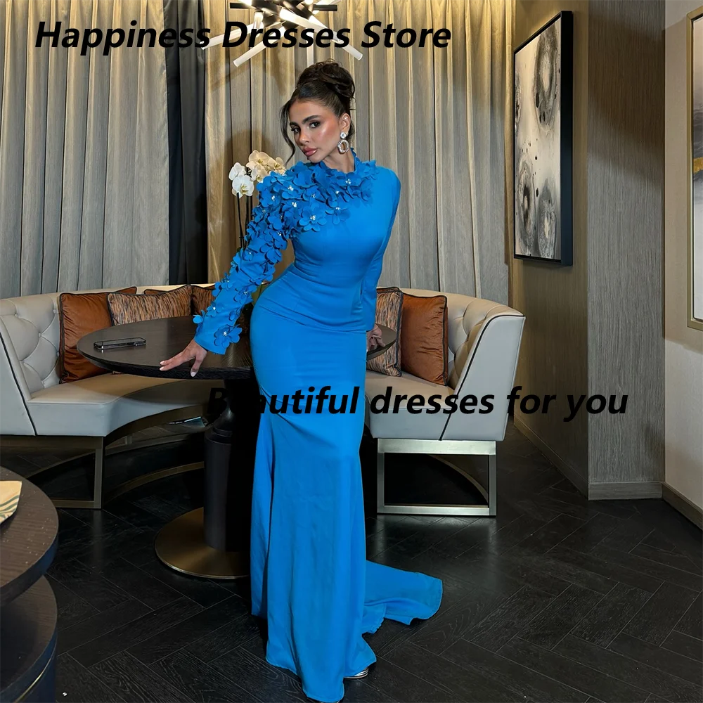 

Royal Blue Evening Dresses for Women Flowers Long Sleeves High Neck Mermaid Evening Gowns Luxury Party Dress Long Customized