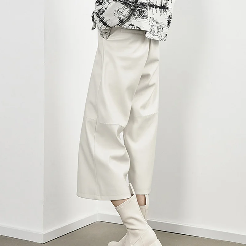 Leder Cropped Hosen Für Frauen 2023 Frühling Mode Koreanische Kleidung Dünne Breite Bein Kalb Lange Schaffell Schwarze Hose Streetwear