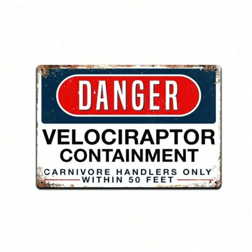 Jurassic Park Velociraptor Danger Sign, Metal Wall Decor, Vintage Aluminum, 8x12inch