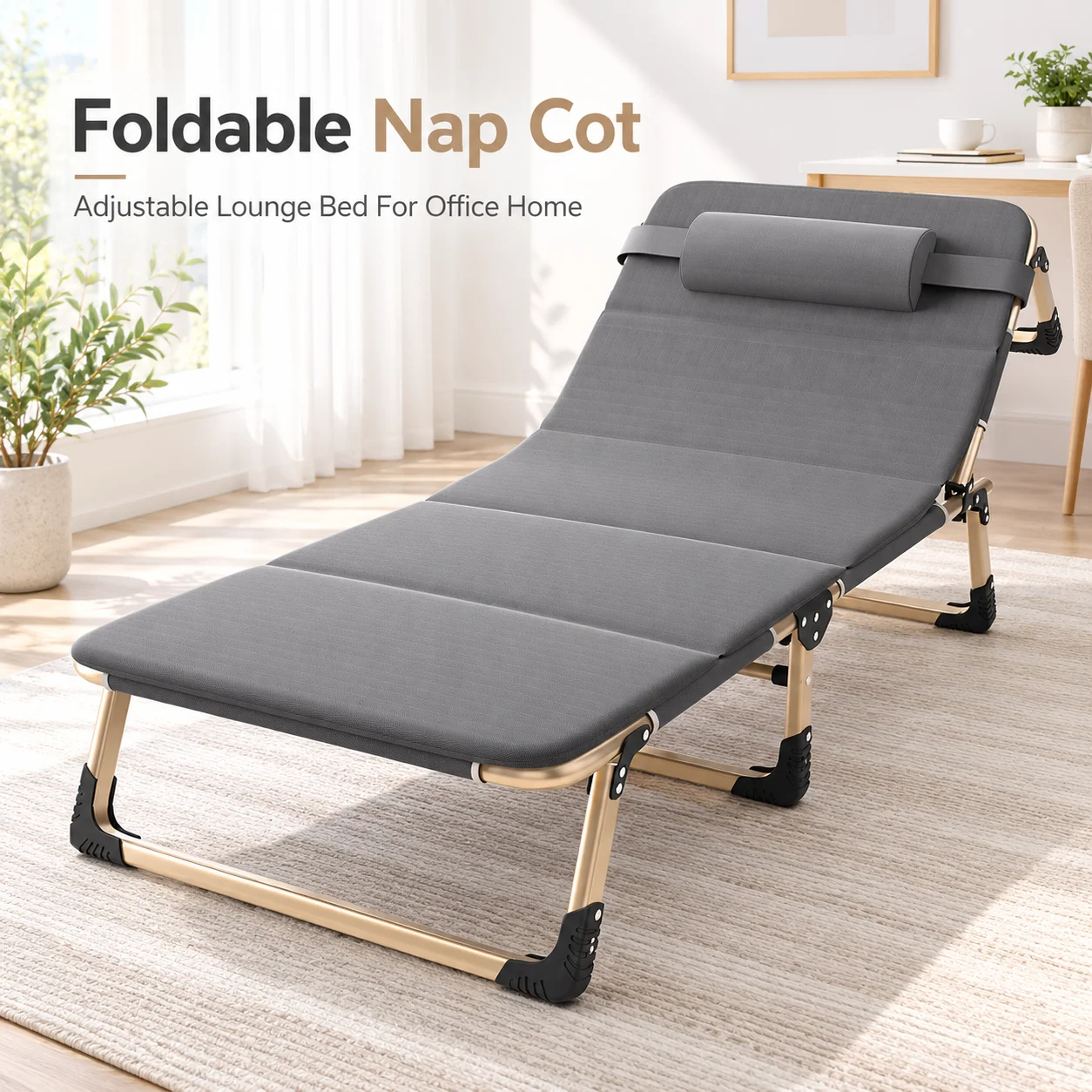 AOLIVIYA Folding Cot Bed Portable Single Guest Bed 4 Position Adjustable Reclining Lounge Chair With Mattress For Office Home