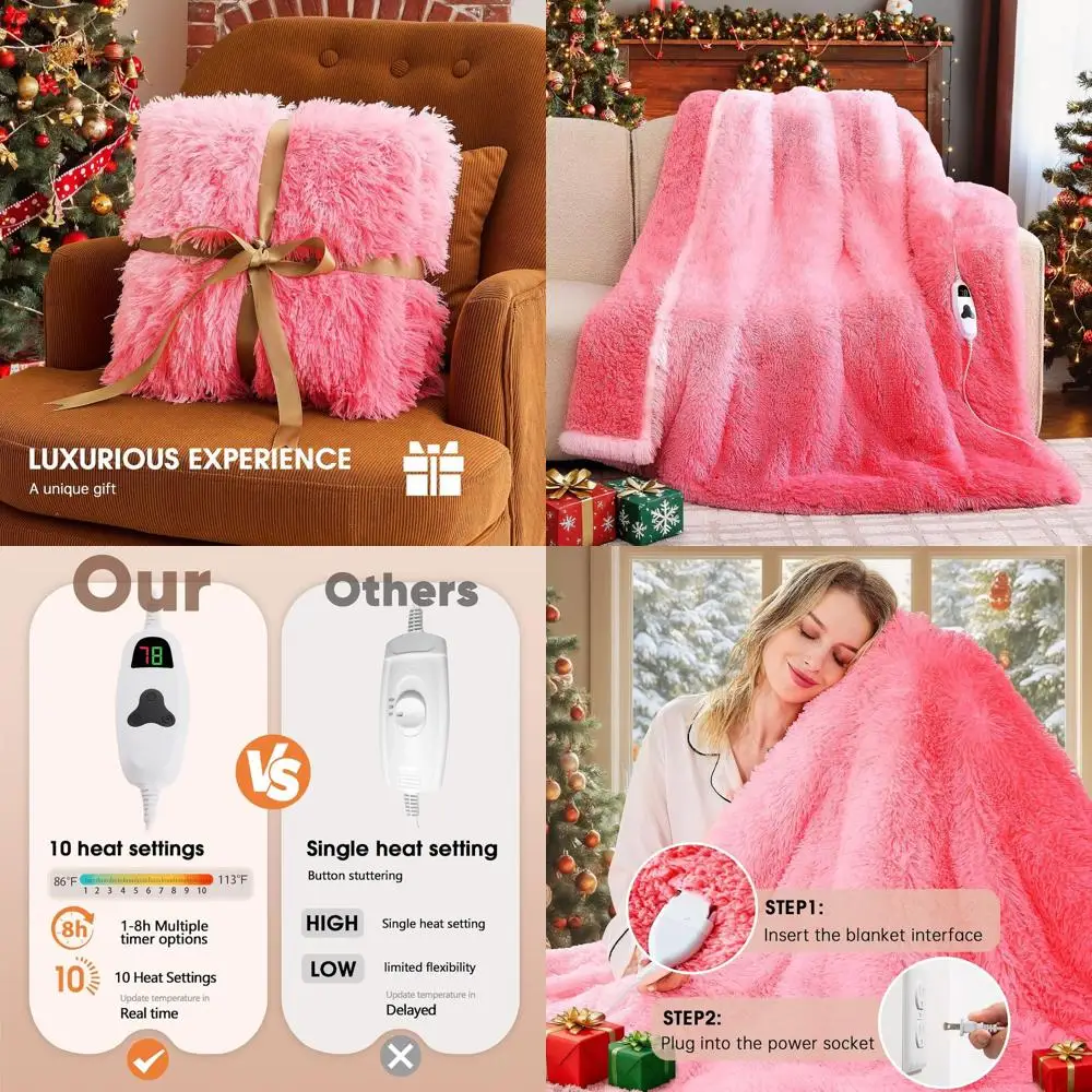 

Электрическое одеяло из искусственного меха шерпа с 10 режимами нагрева, 50x60, нежно-розовое — идеальный теплый подарок на Рождество для женщин и пожилых людей