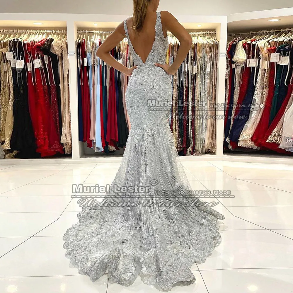 Mùa Xuân Sliver Xám Mermaid Prom Dresses Sexy Backless Phụ Nữ Kết Hôn Trang Phục Chính Thức Bên Hạt Evening Gowns Custom Made Robe De Mariee