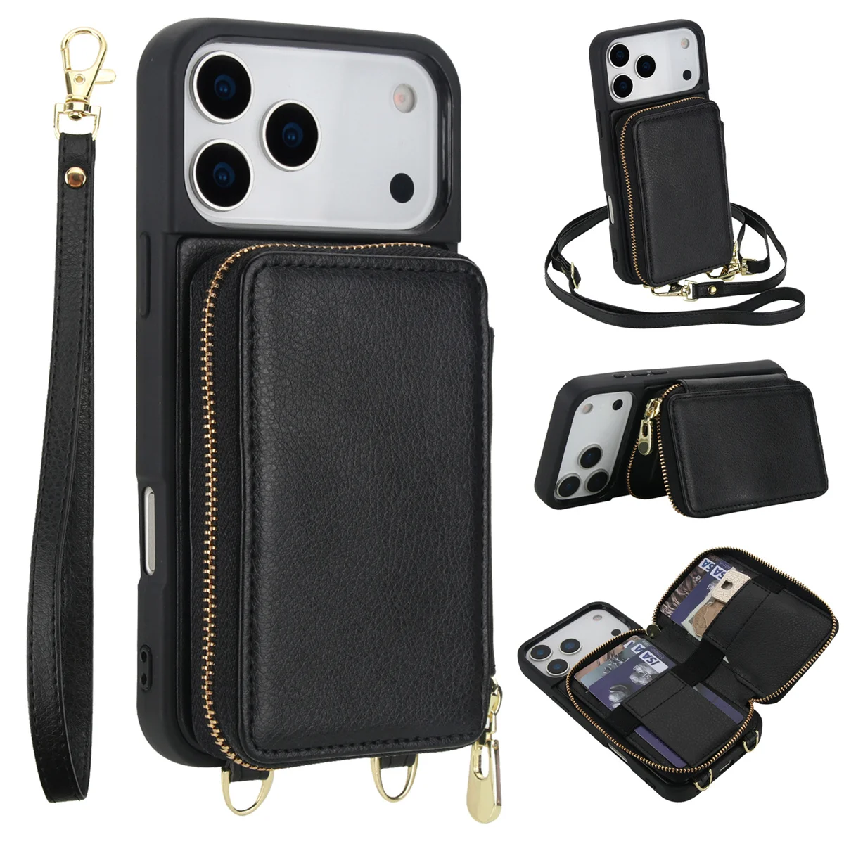 Funda de cuero con tarjetero y cremallera cruzada para IPhone 17 Air 16E 16 15 14 Pro Max 12 13 X XS XR 7 8 Plus, funda RFID tipo billetera