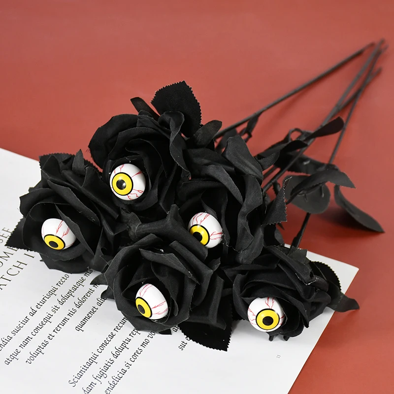 5pcs Plastic Black Devil's Eye Rose Artificial Flower Head Bouquet Home Living Room Weeding Halloween Party Decoration Supplies