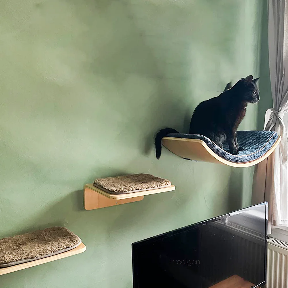 

Wall Mounted Solid Wooden Cat Climbing Felt Hammock Scratching Post Shelf with Sisal Jumping Platform Ladder Steps Furniture