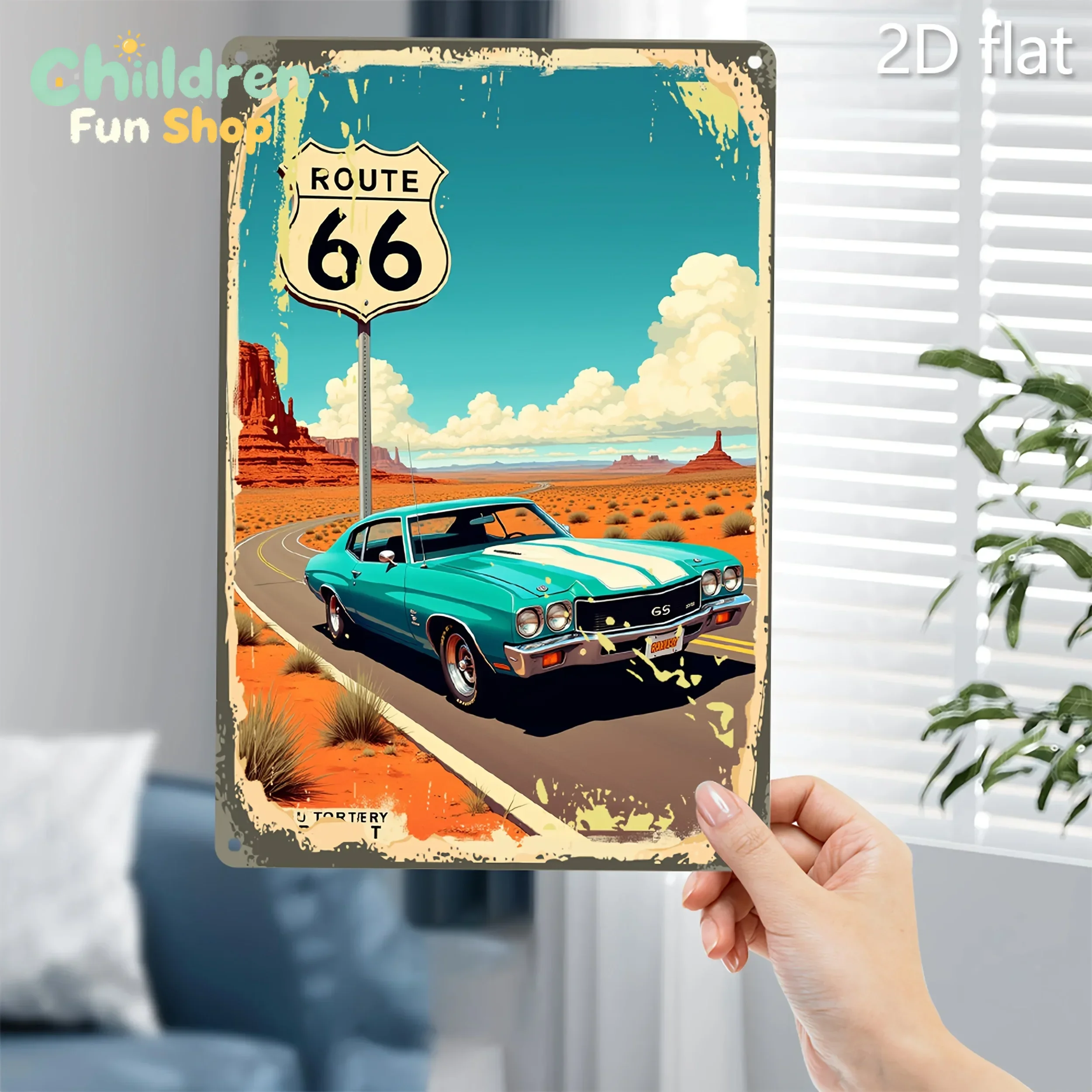 Vintage Route 66 Metal Tin Sign - Retro Route 66 Wall Decor with Classic Turquoise Car, Desert Highway Landscape - Heavy-Duty