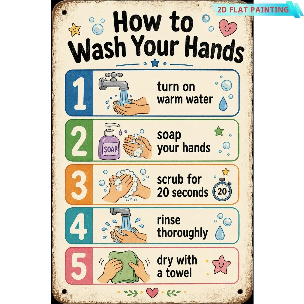2D Flat, Decorative Signs & Plaques 2D FlatDecorative Signs And Plaques How to Wash Your Hands Sign, Kids Bathroom Wall Decor fo