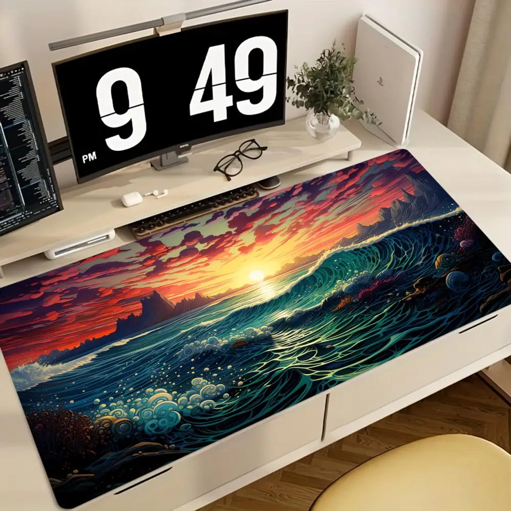 

Большой коврик для мыши с аниме-пейзажем, аксессуары для компьютерных игр, резиновый нескользящий коврик для стола, с замком, идеально подходит для офиса и игр