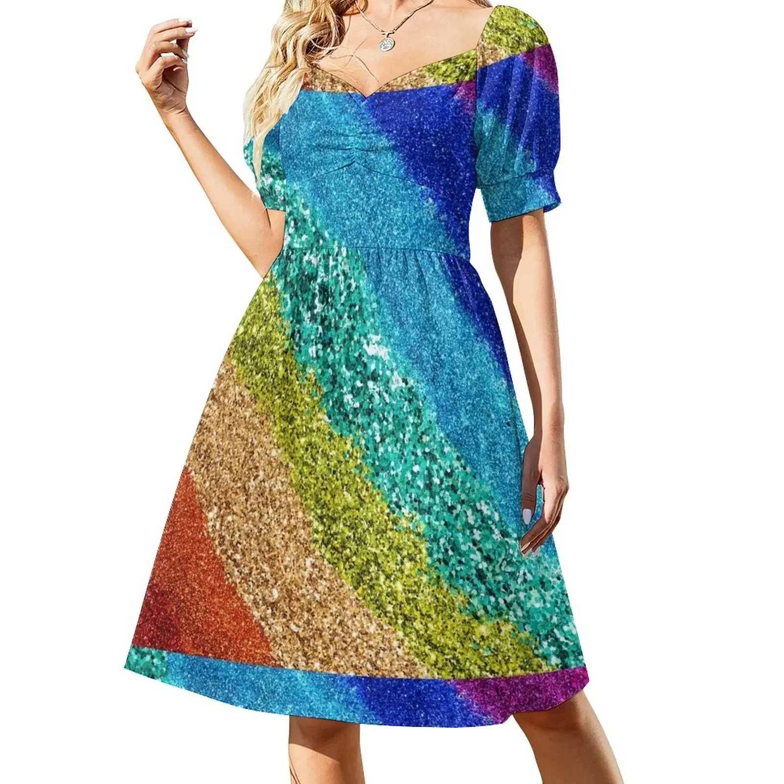 

Rainbow Stardust Stripes Short-Sleeved Dress fairy dress evening dresses ladies party dresses woman summer clothes Dress