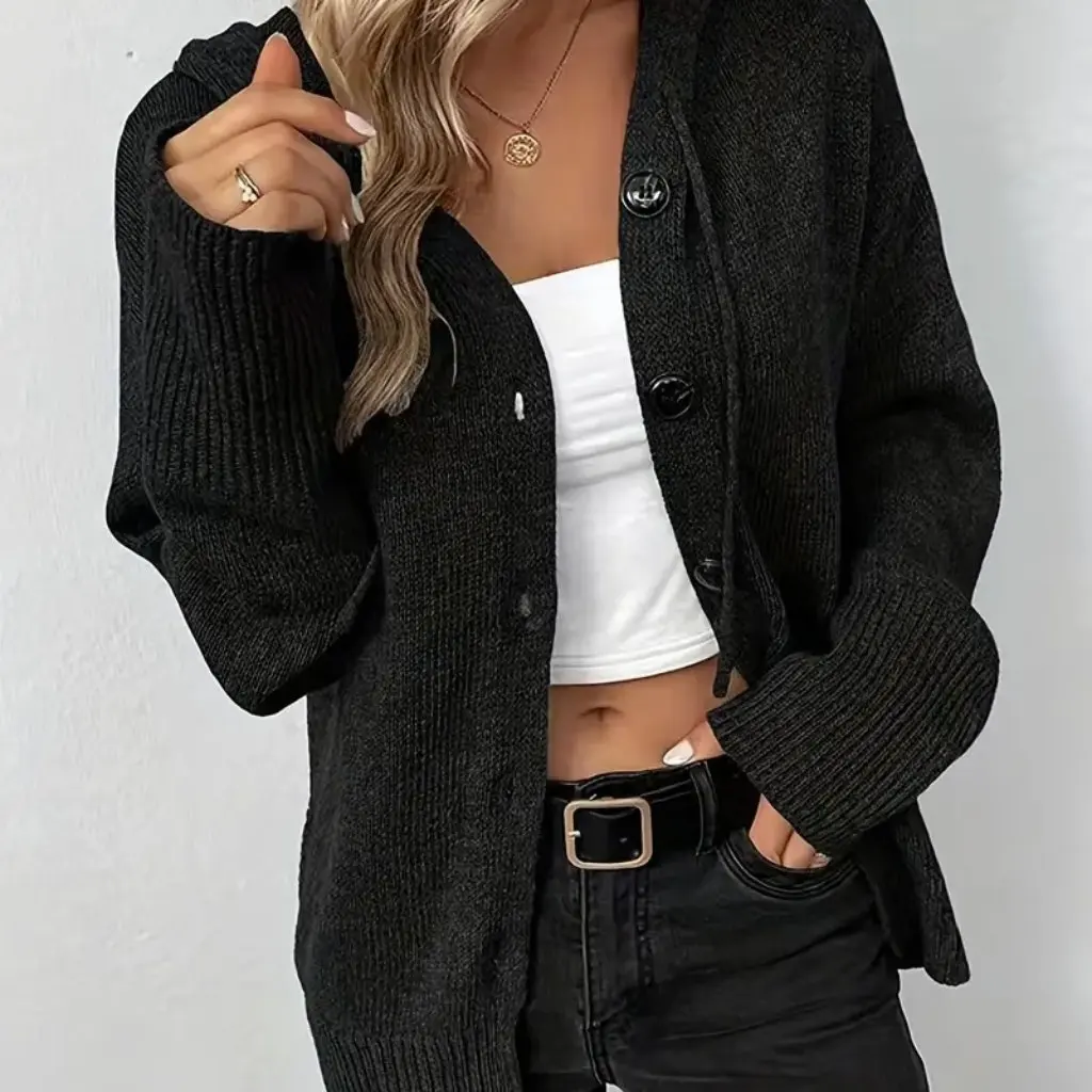 

Women's Solid Color Hooded Single-Breasted Knitted Cardigan Jacket Drawstring Autumn Winter Sweater Style