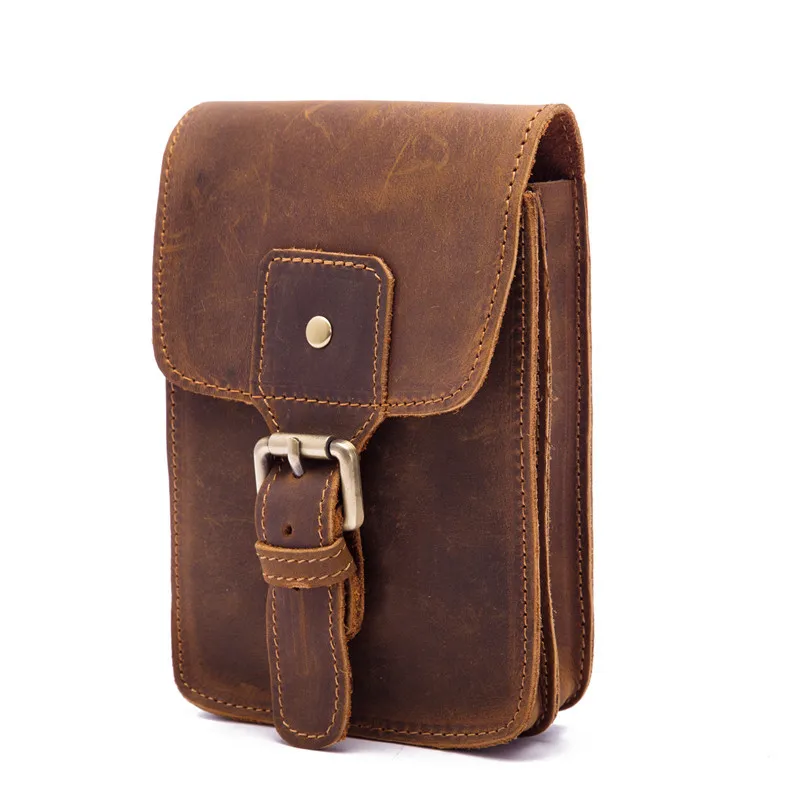 Men Vintage Crazy Horse Leather Vertical Waist Bag Metal Buckle Phone Holster Belt Wear Utility Fanny Pack Outdoor Work Pouch