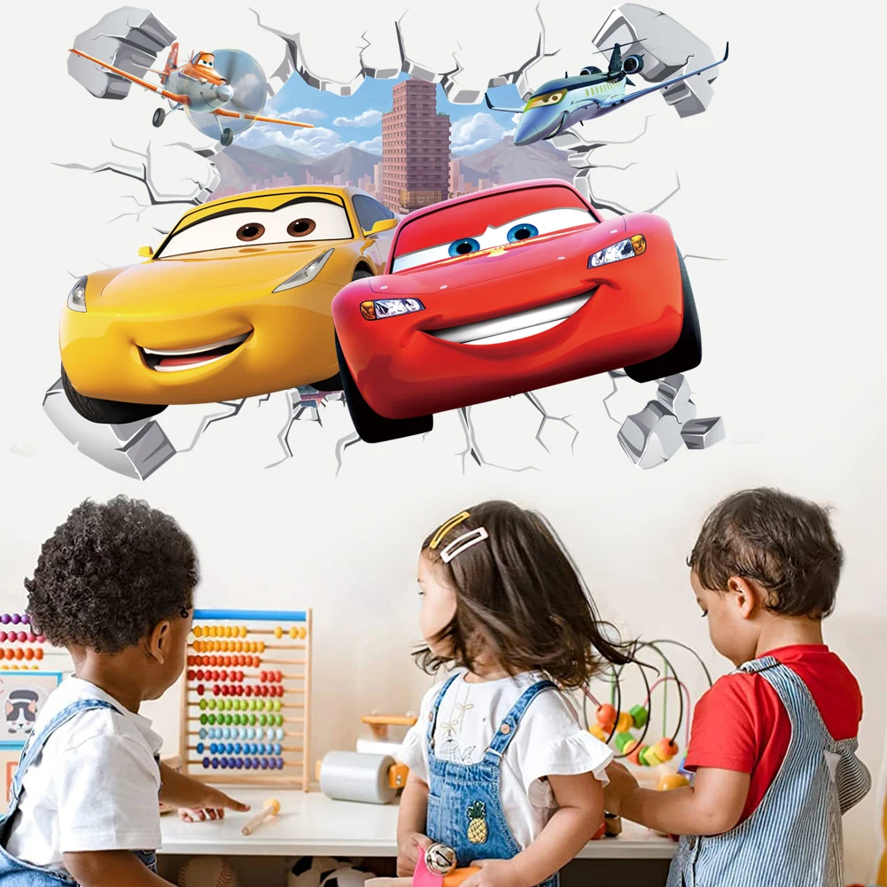 3D Brokenwall Lightning McQueen Cartoom Cars Wall Decor Decals For Boy Bedroom Kid Room Wallpaper Poster Mural Wall Stickers