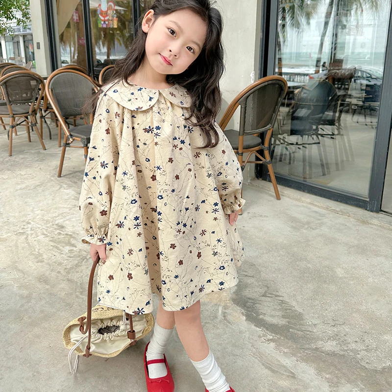 Spring Girls Fragmented Flower Dress Autumn New Children\'s Long sleeved Doll Neck Dress Baby Kids Pure Cotton Princess Dress
