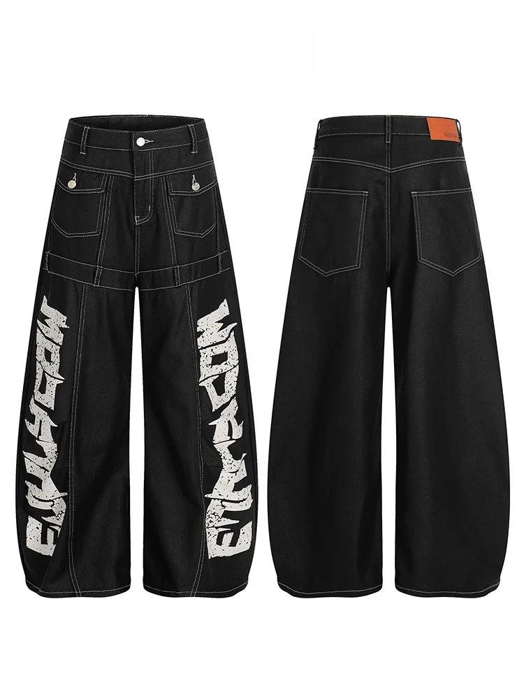 

Ретро-джинсы с американским буквенным принтом, широкие штанины, унисекс, повседневные, из эластичного хлопкового денима, синие, Free Center Brand