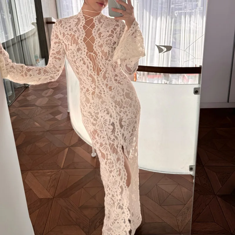 See-Through Hollow Out Full Sleeve V Neck Slit Slim Long Dress Sexy White Lace Printed Maxi Dress For Women Party Club Outfit