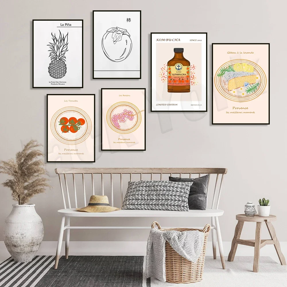 French countryside poster, grapes, pineapple, lavender cake, tomato illustration, kombucha, oat milk, persimmon, cocktail print