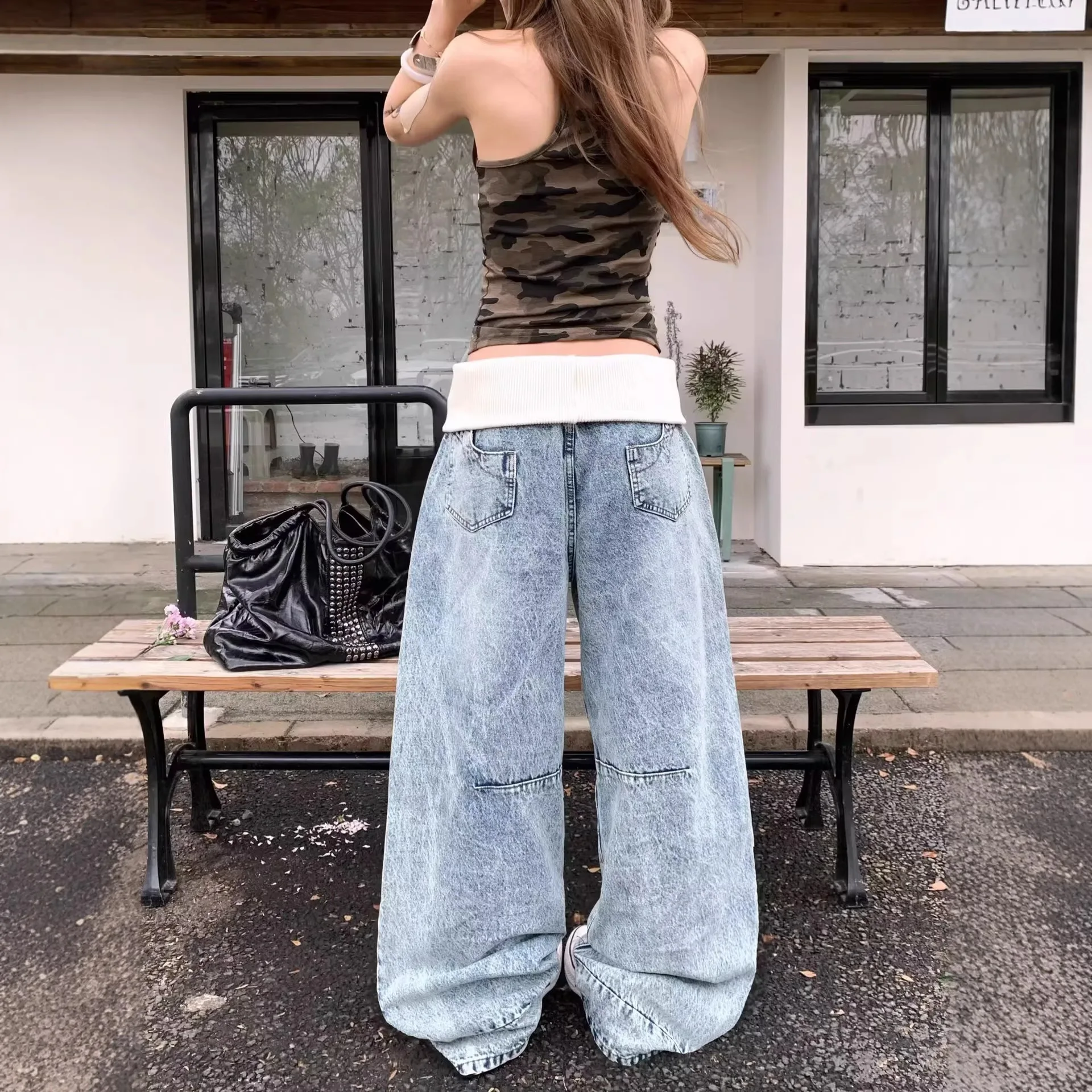 

American Retro Design Double Waist Head Jeans Women Summer High Street Spicy Girl Wide Leg Pants Loose Fit High Waist Denim