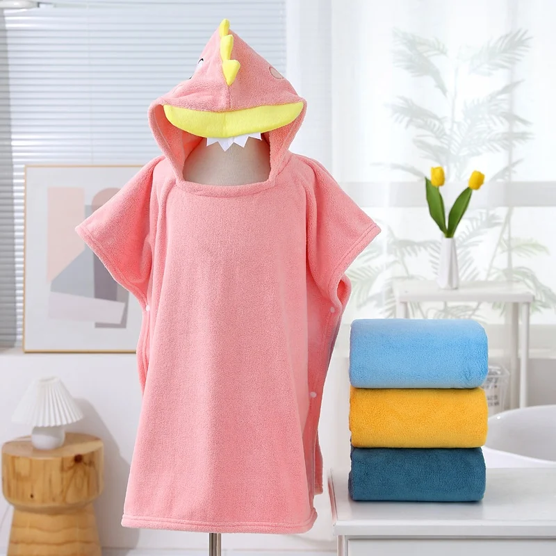 Pink/Dark/Light Blue Cute Cartoon Children\'s Bath Towel Cape Soft and Absorbent Not Easy to Fall off Hooded Coral Velvet Cape