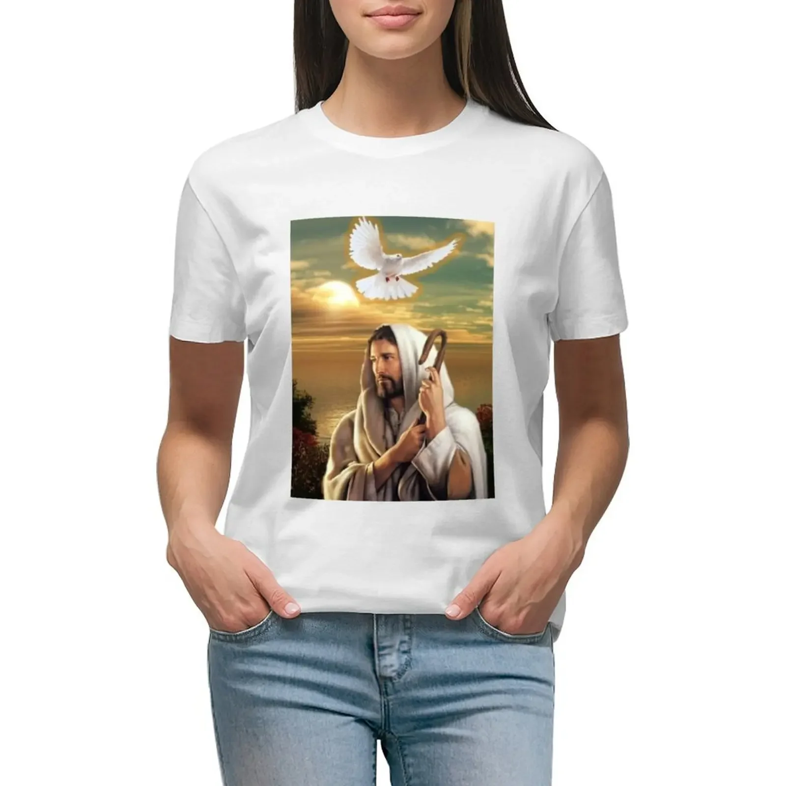 

Jesus Christ sunset with White Dove T-Shirt anime animal prinfor Summer Women's clothing