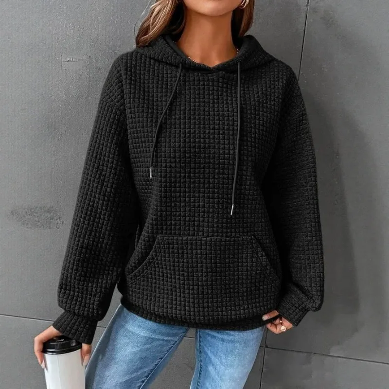 Women Waffle Texture Hoodie Drawstring Kangaroo Pocket Long Sleeve Casual Solid Color Sweatshirt