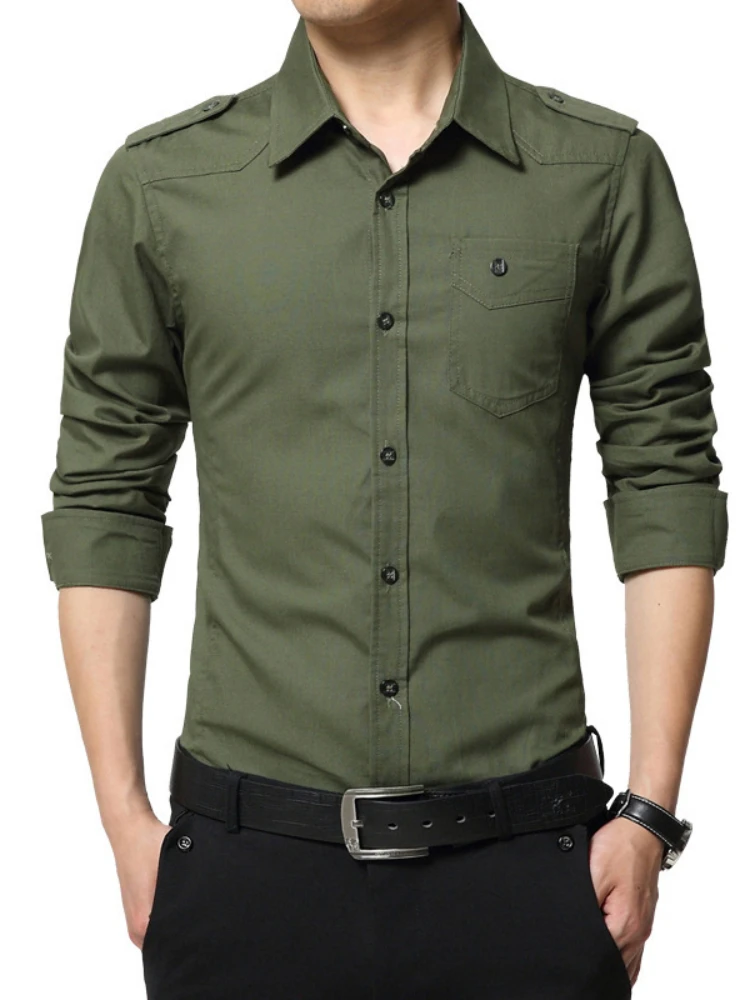 Drop Shipping men military  long sleeve slim fit camisa masculina khaki army green cotton shirt AXP218