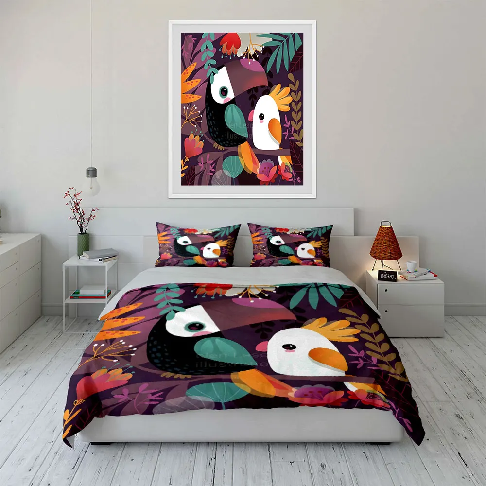 Illustrated parrots with floral Print Soft Comfortable Duvet Cover Bedding Set Included 1*Duvet Cover  2*Pillowcases