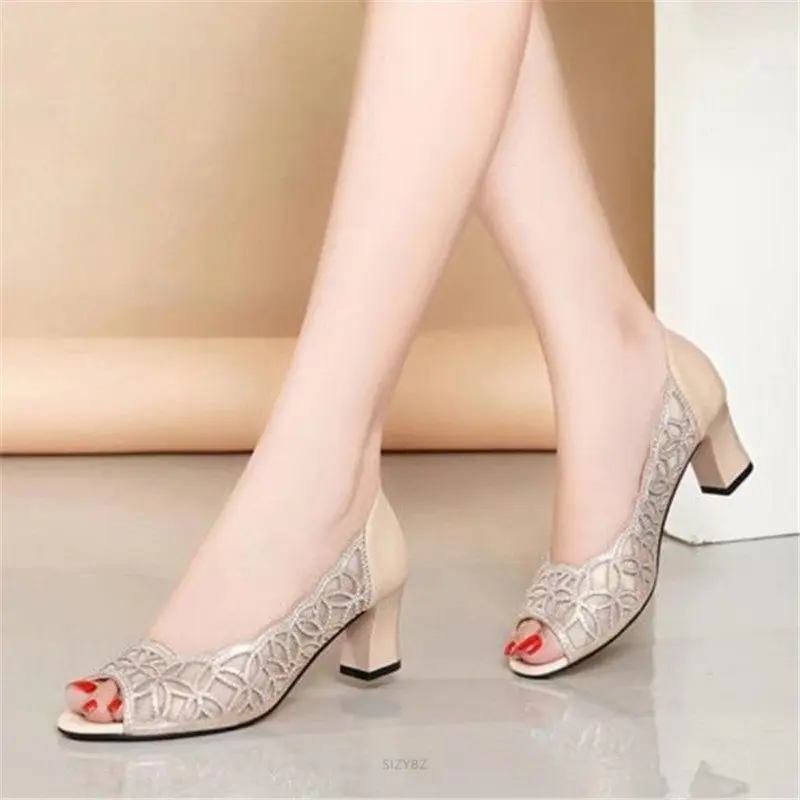 Open Toe Pumps Black High Heels Dress Shoes Summer Sandals Square heel White Wedding Shoes Hollow Out Pumps Peep toe Boat Shoes