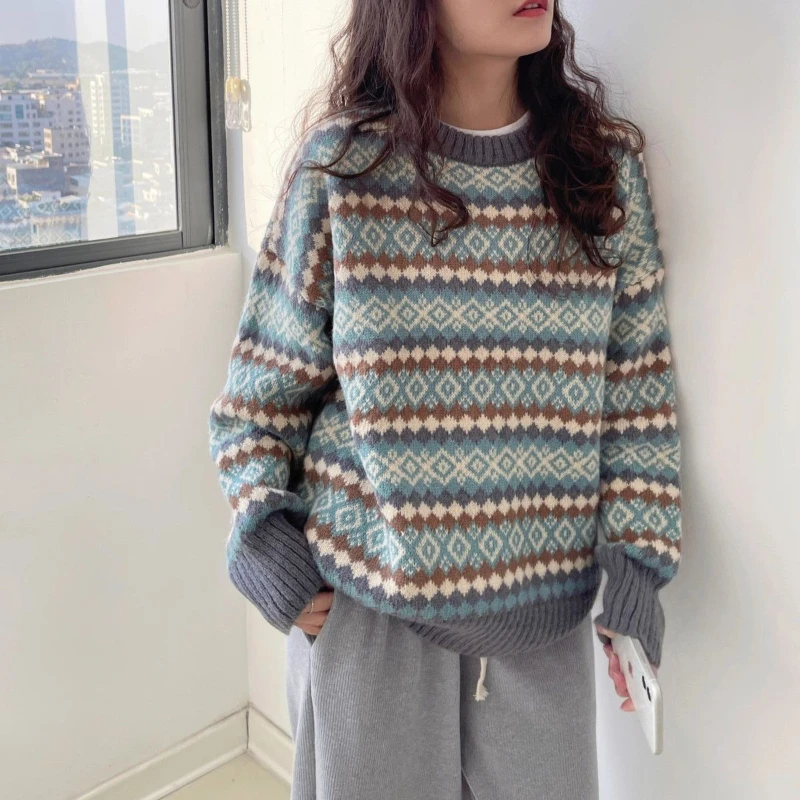 Neues lockeres, langärmliges Oberteil mit Rundhalsausschnitt und sanftem Retro-Strickpullover mit Rautengitter für Damen