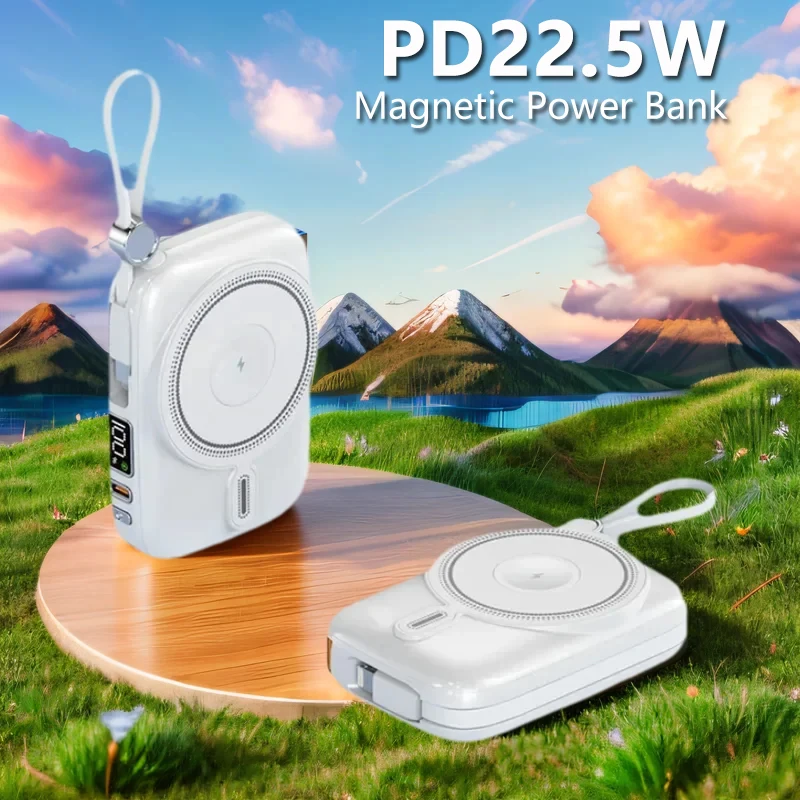 

MQIQI 10000 мАч Магнитный Power Bank со встроенными кабелями, беспроводная быстрая зарядка 22.5 Вт, перезаряжаемая батарея для iPhone 17 и часов