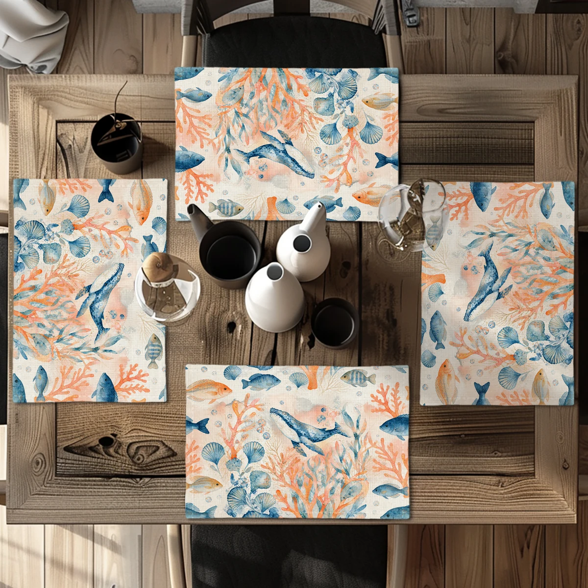 Nautical Seafood Pattern Polyester Placemats & Coasters - Decorative Table Linens for Kitchen, Dining Room and Home Gatherings