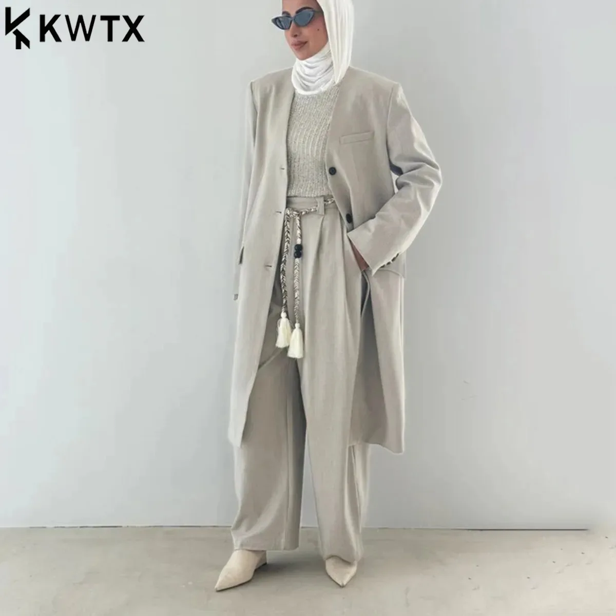 Esclusivo KWTX 2025. Set blazer da donna con scollo tondo + pantaloni con coulisse - Abbigliamento da ufficio alla moda di alta qualità