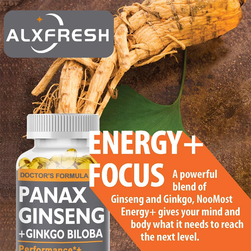 Alxfresh-Ginseng Panax Rouge, Ginkgo Biloba, 500mg, Ashwagandha pour l'Massage, Supplément Financial pour la Force et la Santé Masculine, 100mg