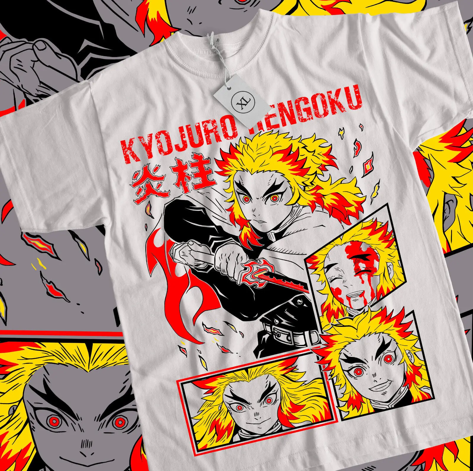 Kyojuro Rengoku T-Shirt Slayer Demon Anime Short-Sleeve White T-Shirt All Size