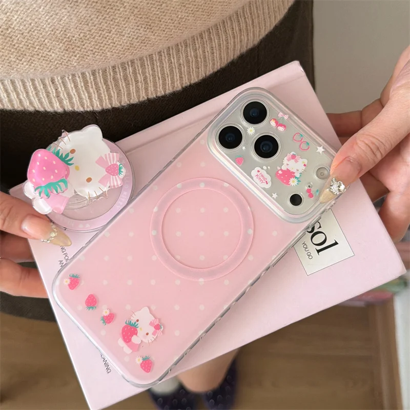 Koreańskie różowe truskawki, magnetyczne etui na telefon iPhone 17 Pro Max 14 15 16 17 Pro Max ze stojakiem, kompatybilne z MagSafe, urocze. — zdjęcie produktu 5