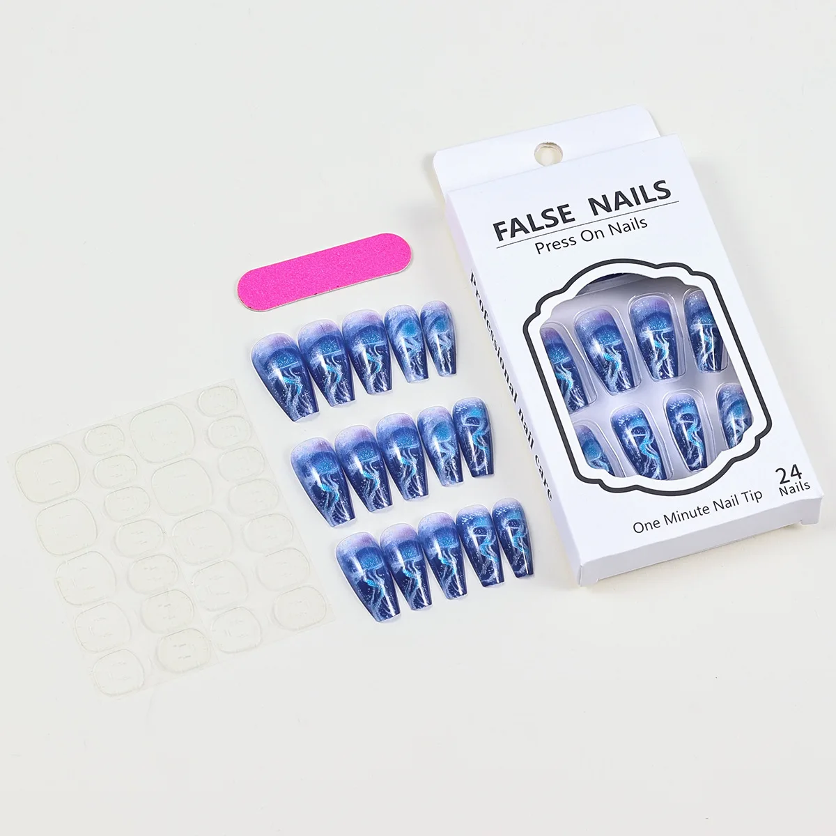 Square Press on Nails Long Square Fake Nails Glossy Glue on Nails Ocean Design Artificial Nails Glue on Nails Long Stick on Nail