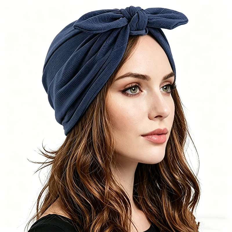 New Women African Big Bow Turban Hat Solid Color Islamic Inner Hijab Cap Twisted Headwrap Headscarves India Hat Bonnet Beanies - view 4