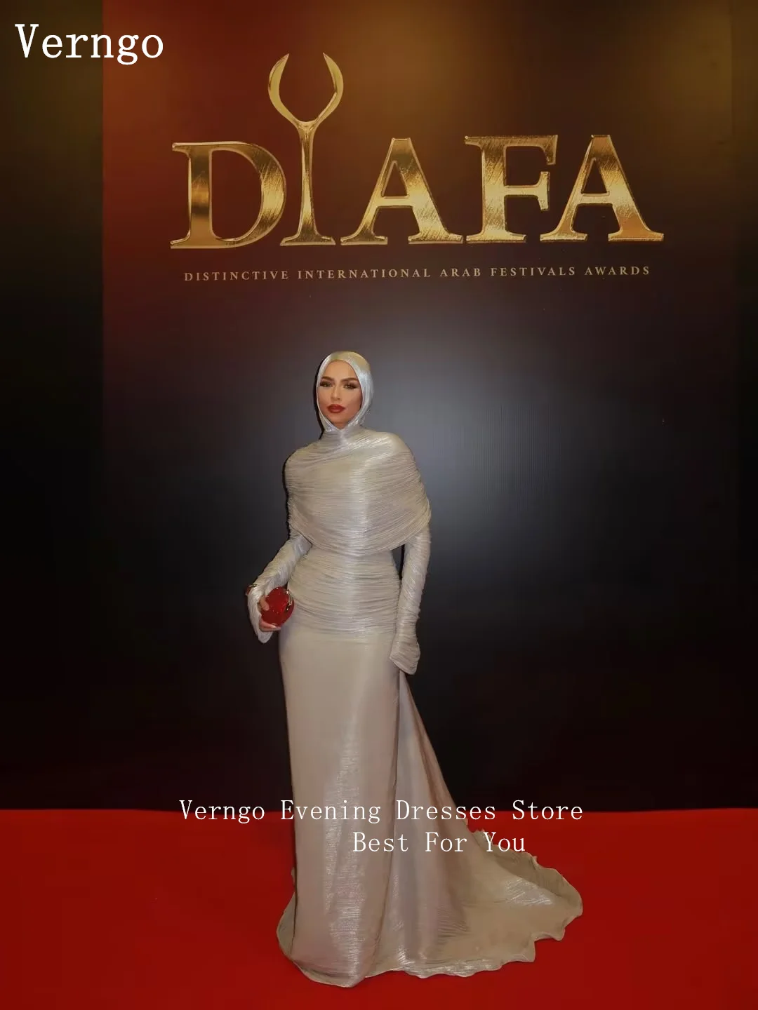 Verngo Gray Shiny Satin Evening Dress High Neck Full Sleeves Mermaid Prom Gown Pleated marmarhalim Dress Customized