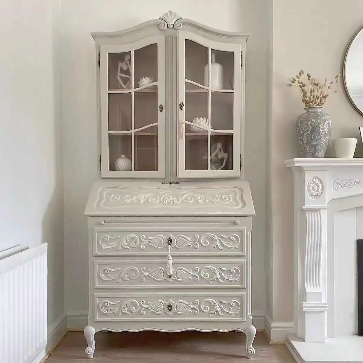 French white retro solid wood wine cabinet European carved chest cabinet simple light luxury side cabinet with drawers