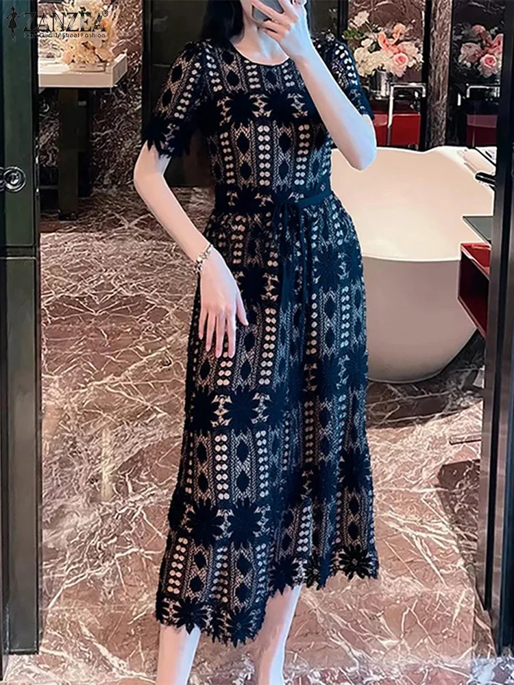 

Lace Office Work Dress Elegant Women Sundress Casual High Waist Robe Fashion Short Sleeve A-Line Party Vestido 2025 ZANZEA S-3XL