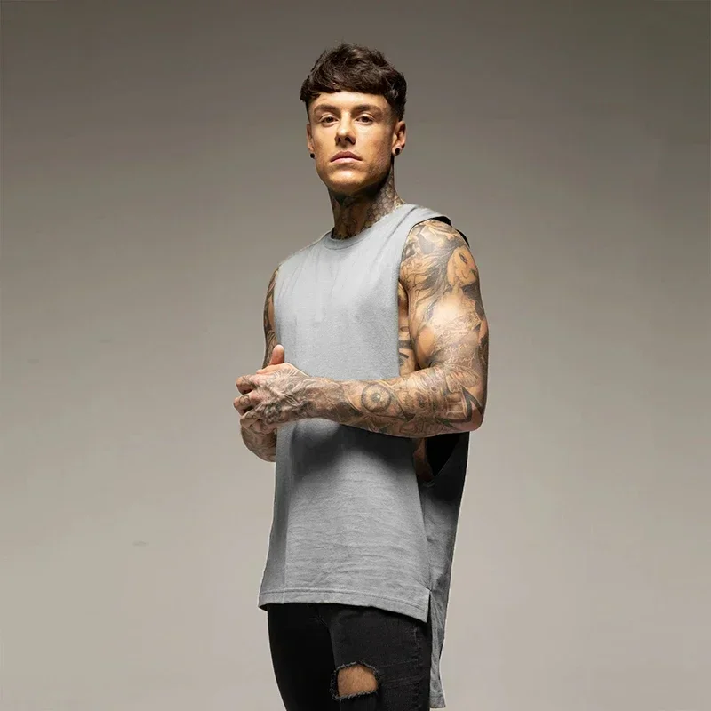 Plain Mens Fitness Sport Clothing Gym Bodybuilding Muscle Tank Tops Cotton Hip-Hop Singlets Extend Cut Off Sleeveless T-shirts