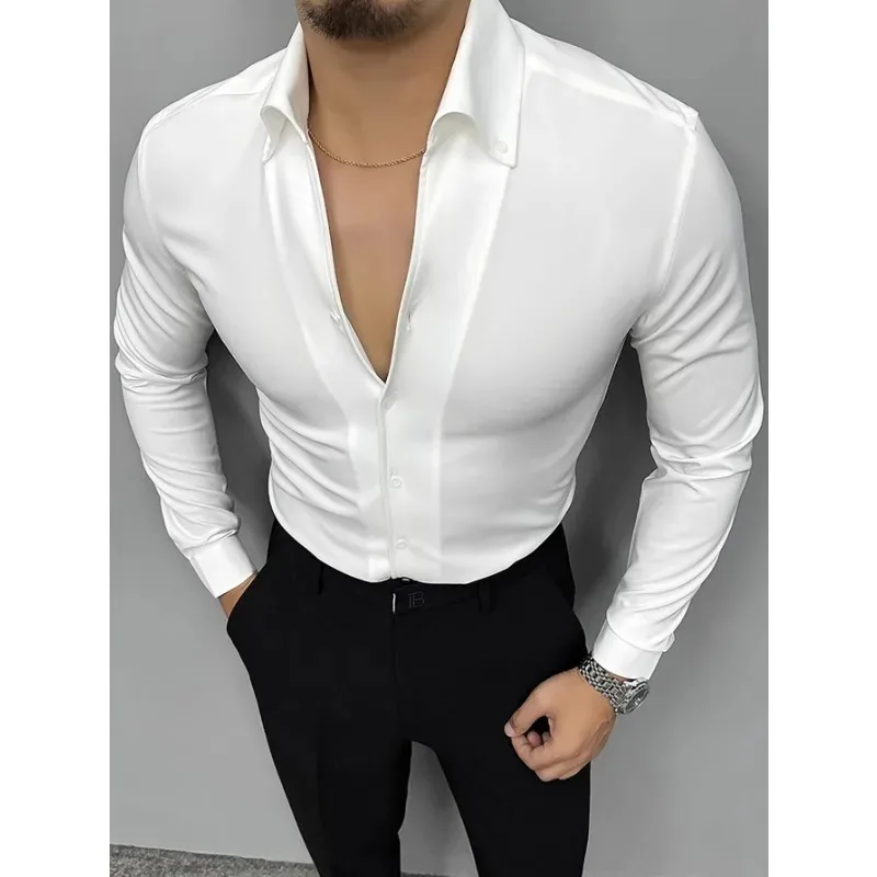 4 Colors!2024 New Men\'s Shirt Solid Color Versatile Casual Lapel Breathable Skin friendly Men\'s Shirt European Size