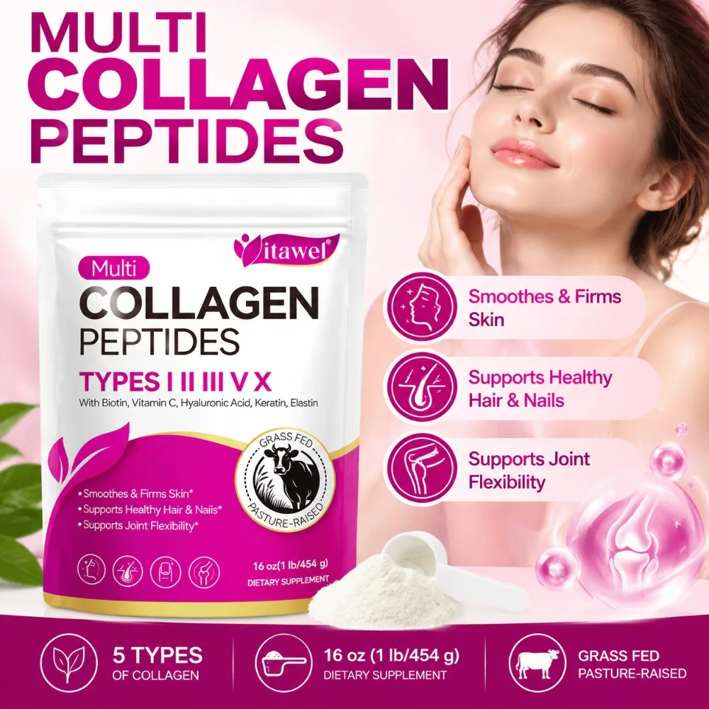 Multi Collagen Peptides Powder for Smoothes Firms Skin Supports Healthy Hair Nails & Joint Flexibility with 5 Types Non-GMO 454g